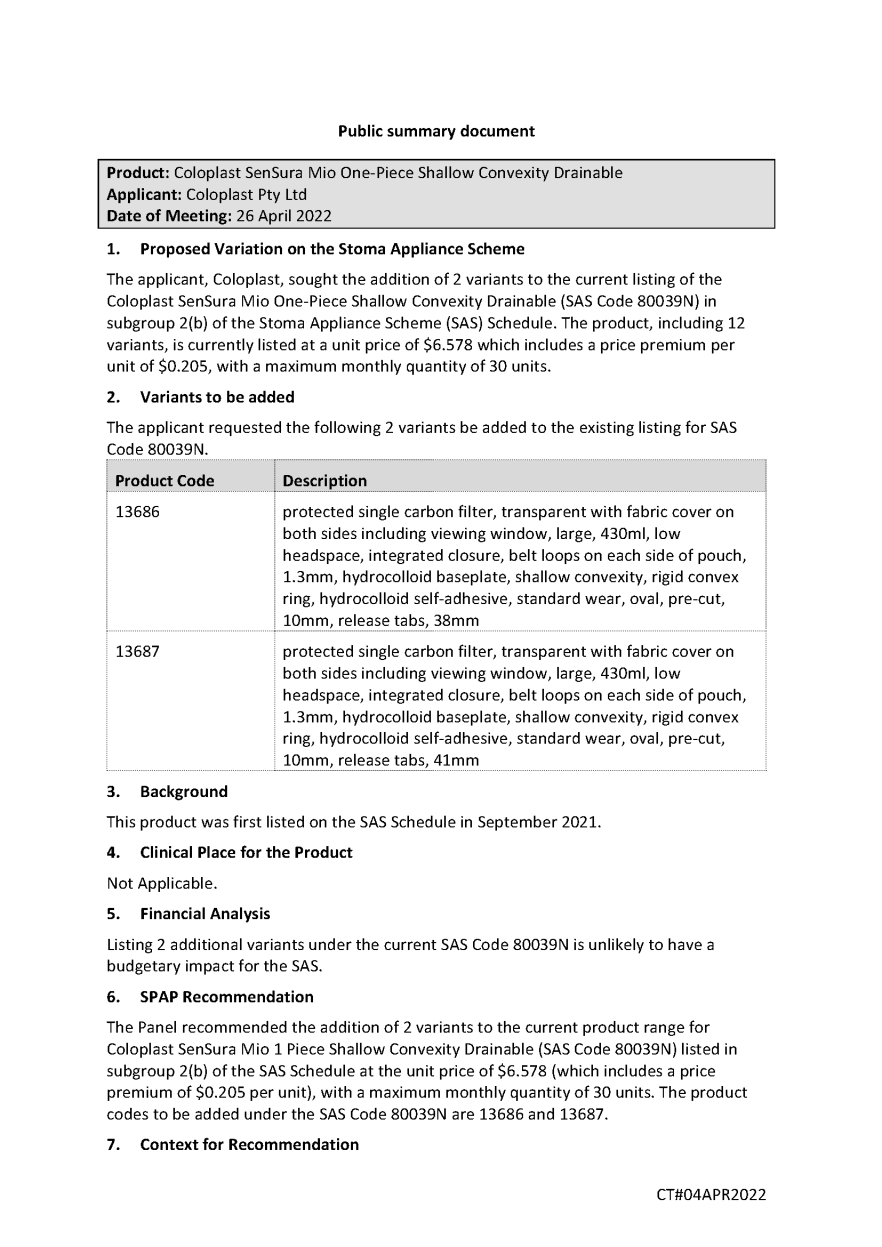 SPAP public summary document – April 2022 – Coloplast SenSura Mio One-Piece Shallow Convexity Drainable (SAS code 80039N)