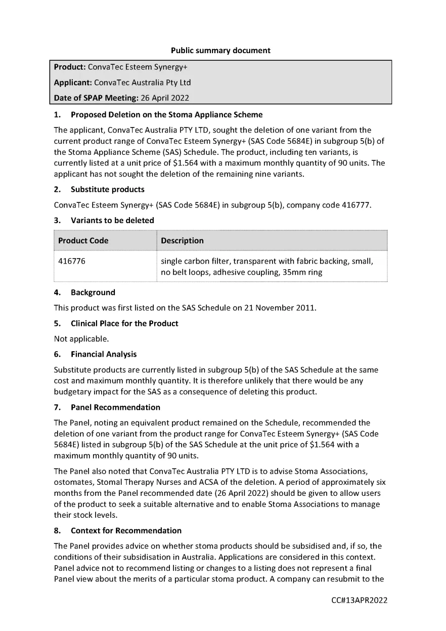 SPAP public summary document – April 2022 – ConvaTec Esteem Synergy+ – SAS Code 5684E