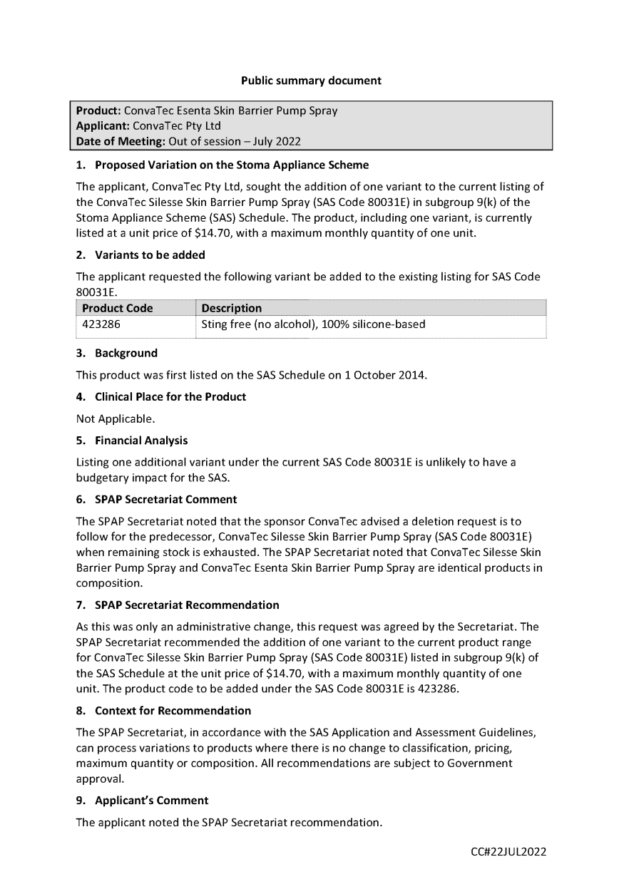SPAP public summary document - Out of Session July 2022 - ConvaTec Esenta Skin Barrier Pump Spray 28mL - SAS 80031E