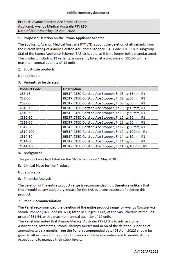 SPAP public summary documents – April 2022 – Avanos Corstop Ace Stoma Stopper (SAS code 80163D)
