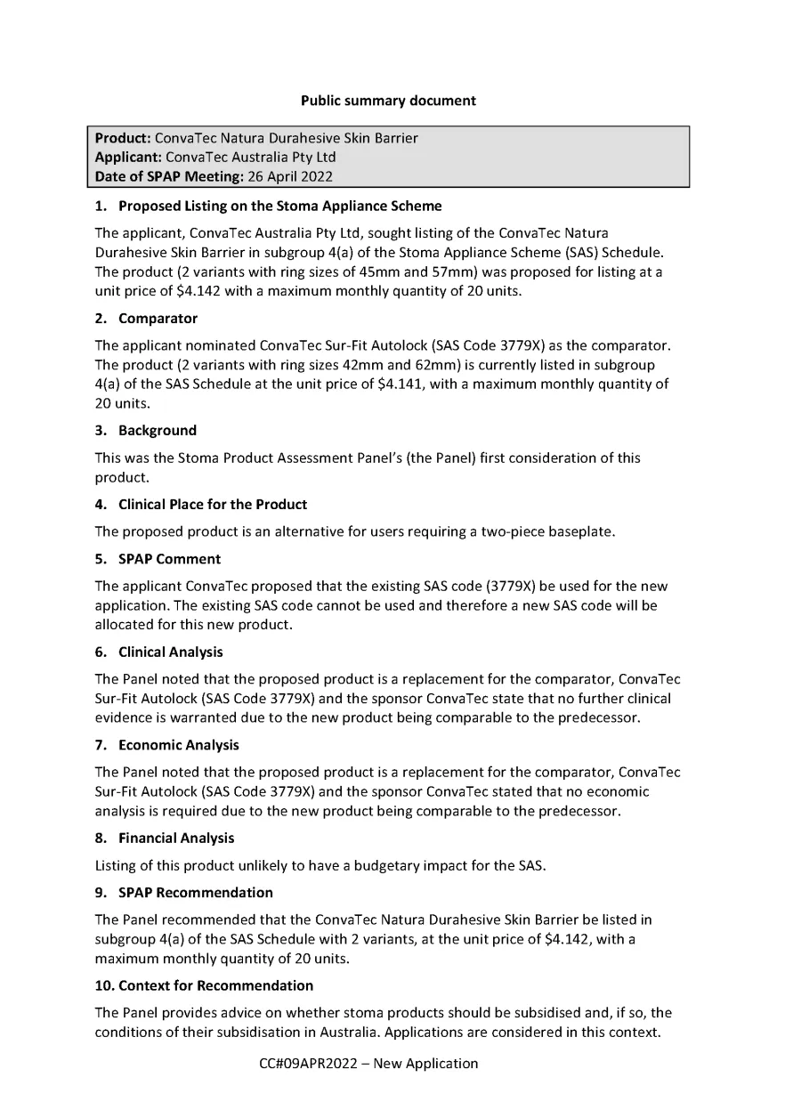 SPAP public summary document – April 2022 – ConvaTec Natura Durahesive Skin Barrier.
