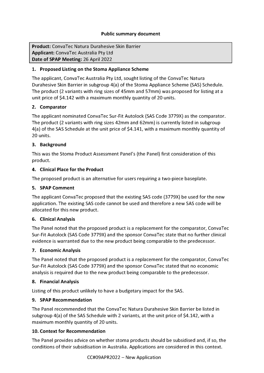 SPAP public summary document – April 2022 – ConvaTec Natura Durahesive Skin Barrier.