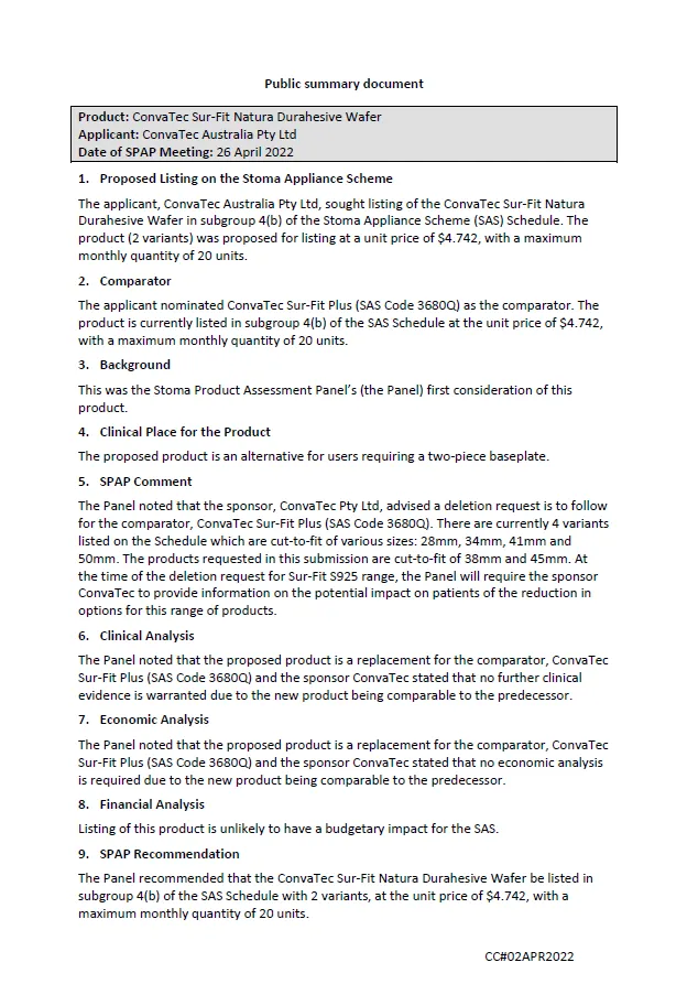 SPAP public summary documents – April 2022 –  ConvaTec Sur-Fit Natura Durahesive Wafer (SAS Code 3680Q)