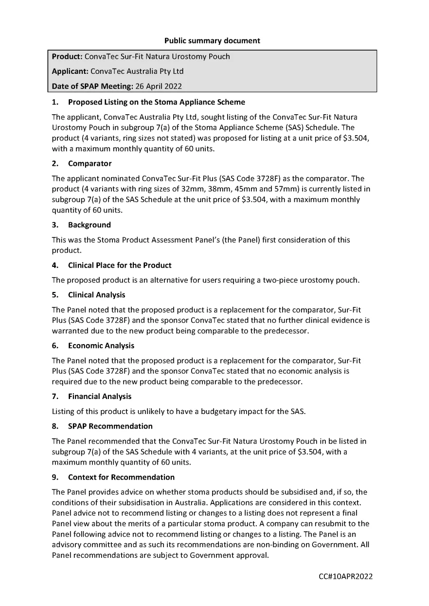 SPAP public summary document – April 2022 – ConvaTec Sur-Fit Natura Urostomy Pouch