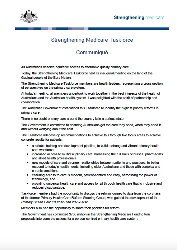 Cover image for Strengthening Medicare Taskforce communique – 29 July 2022