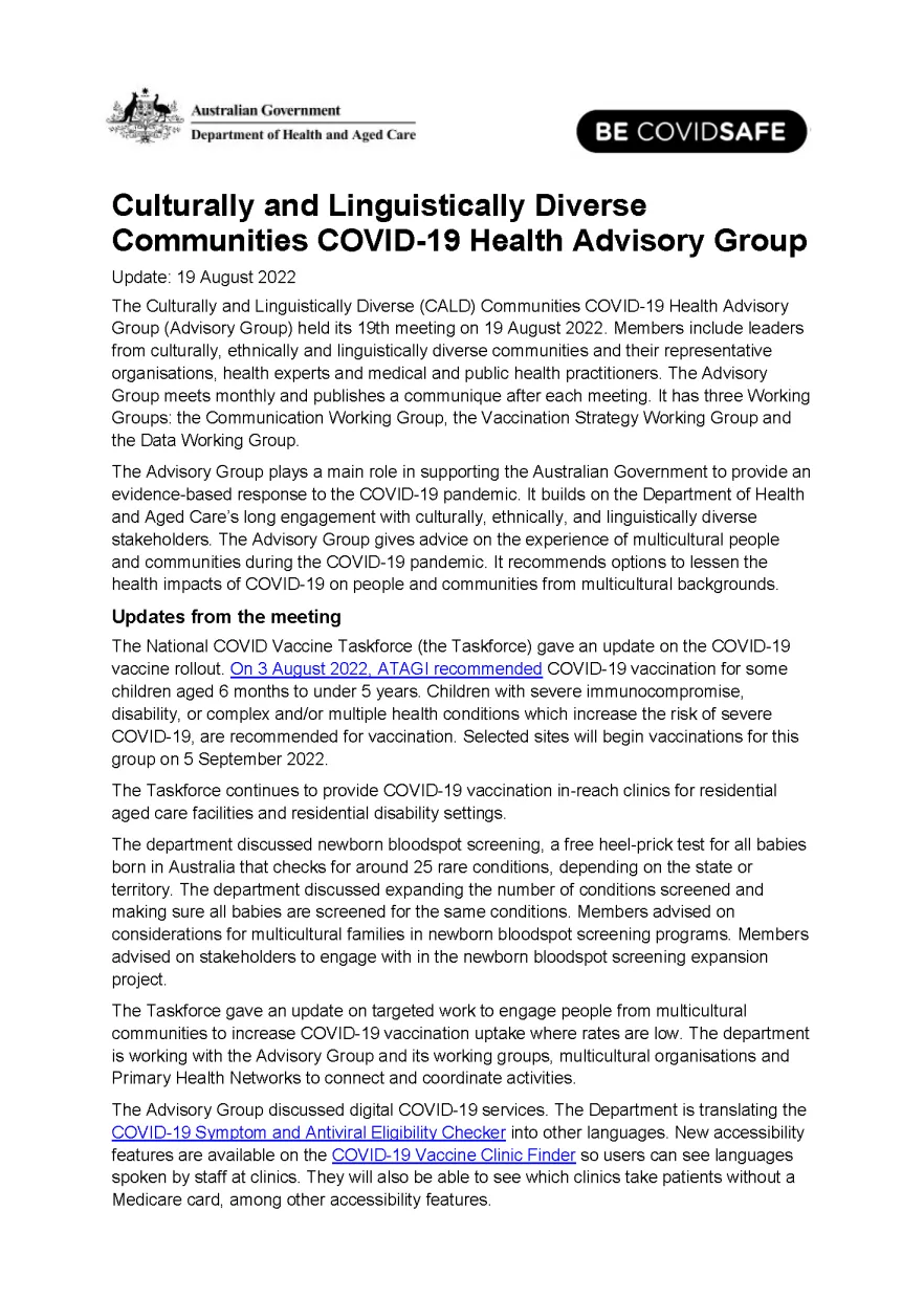 CALD COVID-19 Advisory Group communique -–19 August 2022