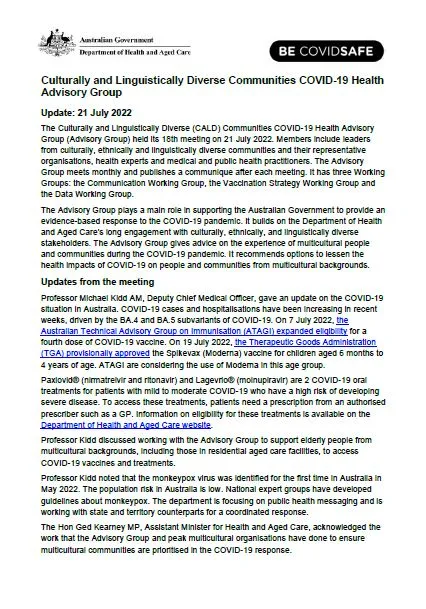 CALD COVID-19 Advisory Group communique – 21 July 2022