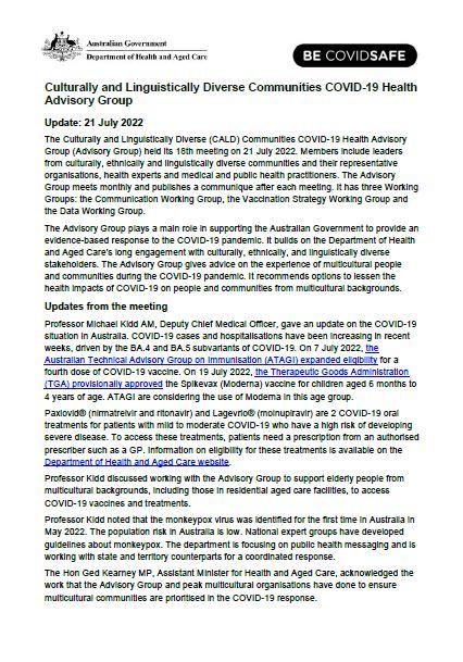CALD COVID-19 Advisory Group communique – 21 July 2022