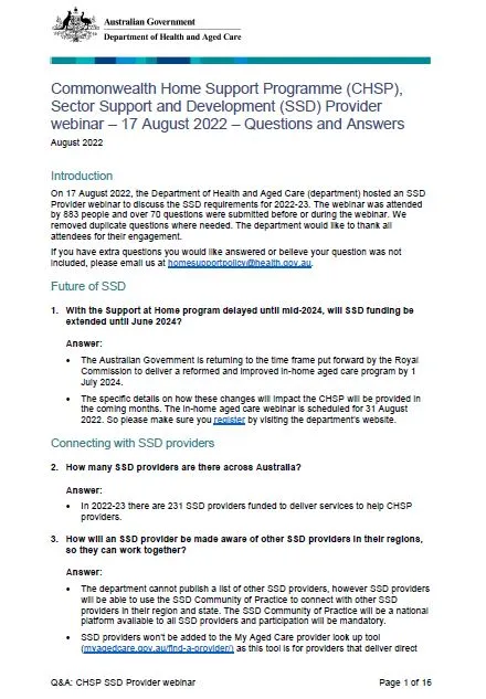 CHSP sector support and development (SSD) provider webinar – 17 August 2022 – questions and answers