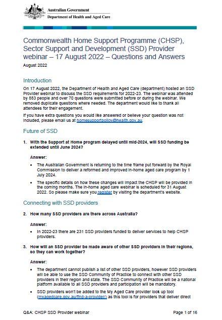 CHSP sector support and development (SSD) provider webinar – 17 August 2022 – questions and answers