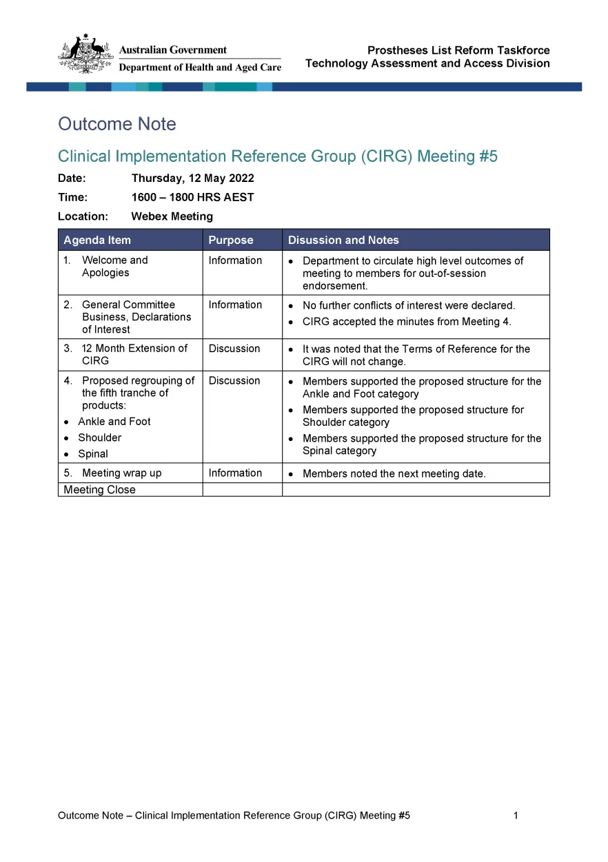 Clinical Implementation Reference Group (CIRG) Meeting #5 outcome notes
