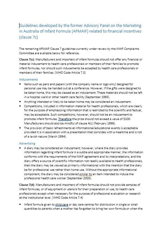 Cover image for Guidelines developed by the former Advisory Panel on the Marketing in Australia of Infant Formula related to financial incentives (clause 7c)