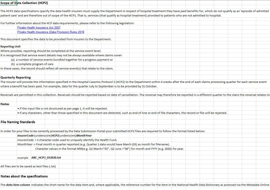 HCP data specifications – HCP2 – Insurer to department – 2021–22
