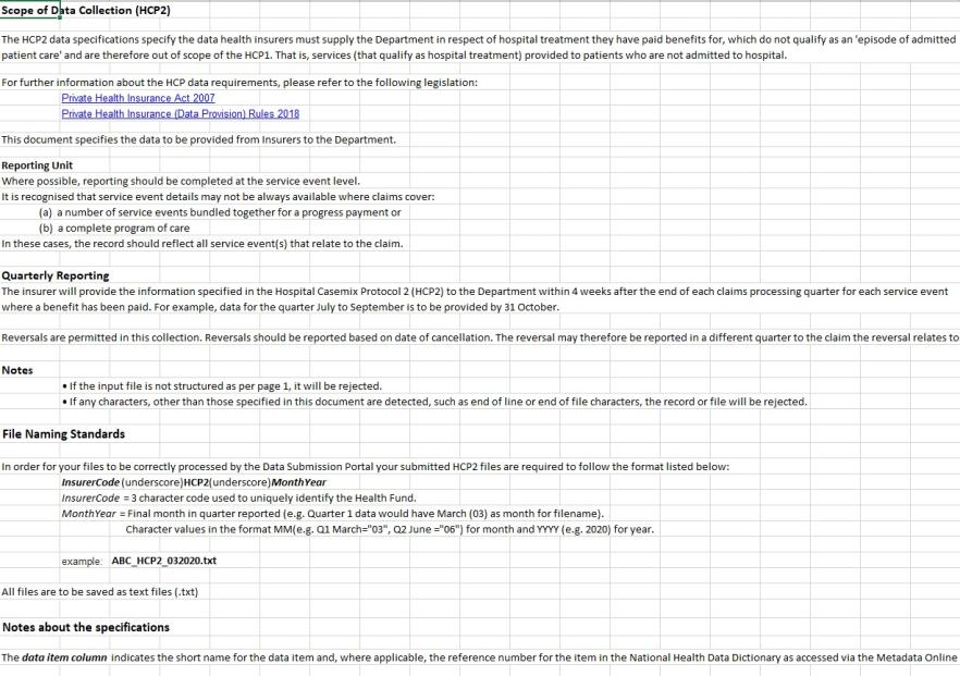 HCP data specifications – HCP2 – Insurer to department – 2021–22