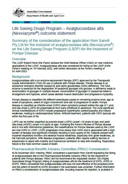 Life Saving Drugs Program – Avalglucosidase alfa (Nexviazyme®) outcome statement