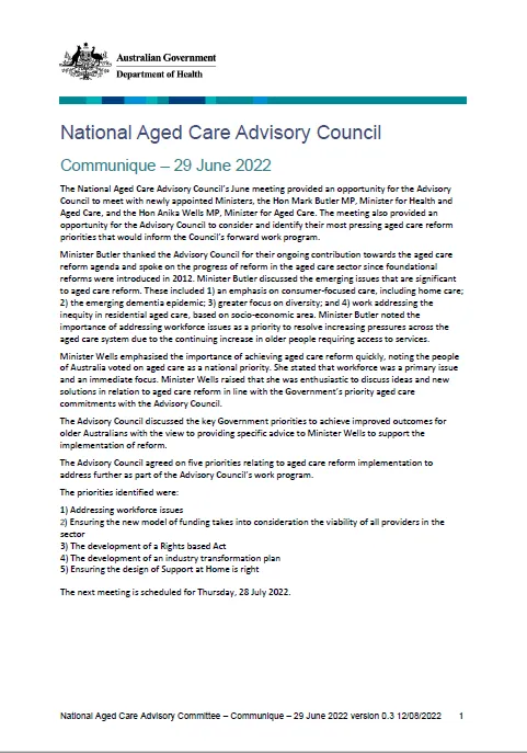 National Aged Care Advisory Council communique – June 2022 