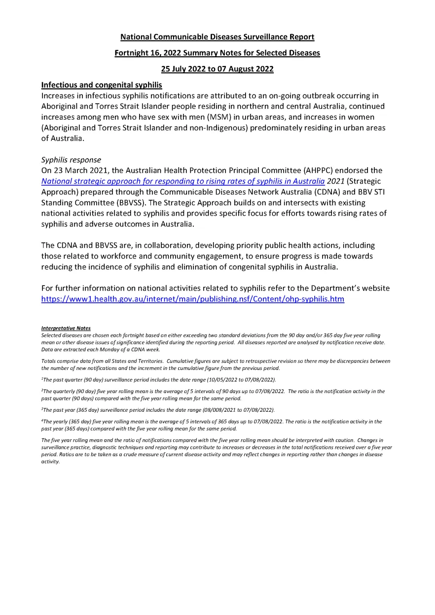 National Notifiable Diseases Surveillance System (NNDSS) fortnightly reports – 25 July to 07 August 2022