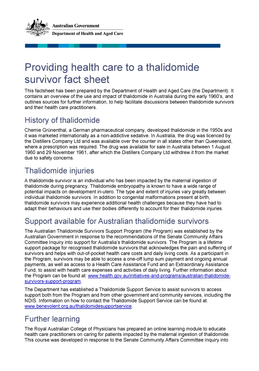 Providing health care to a thalidomide survivor fact sheet (2 August 2022)