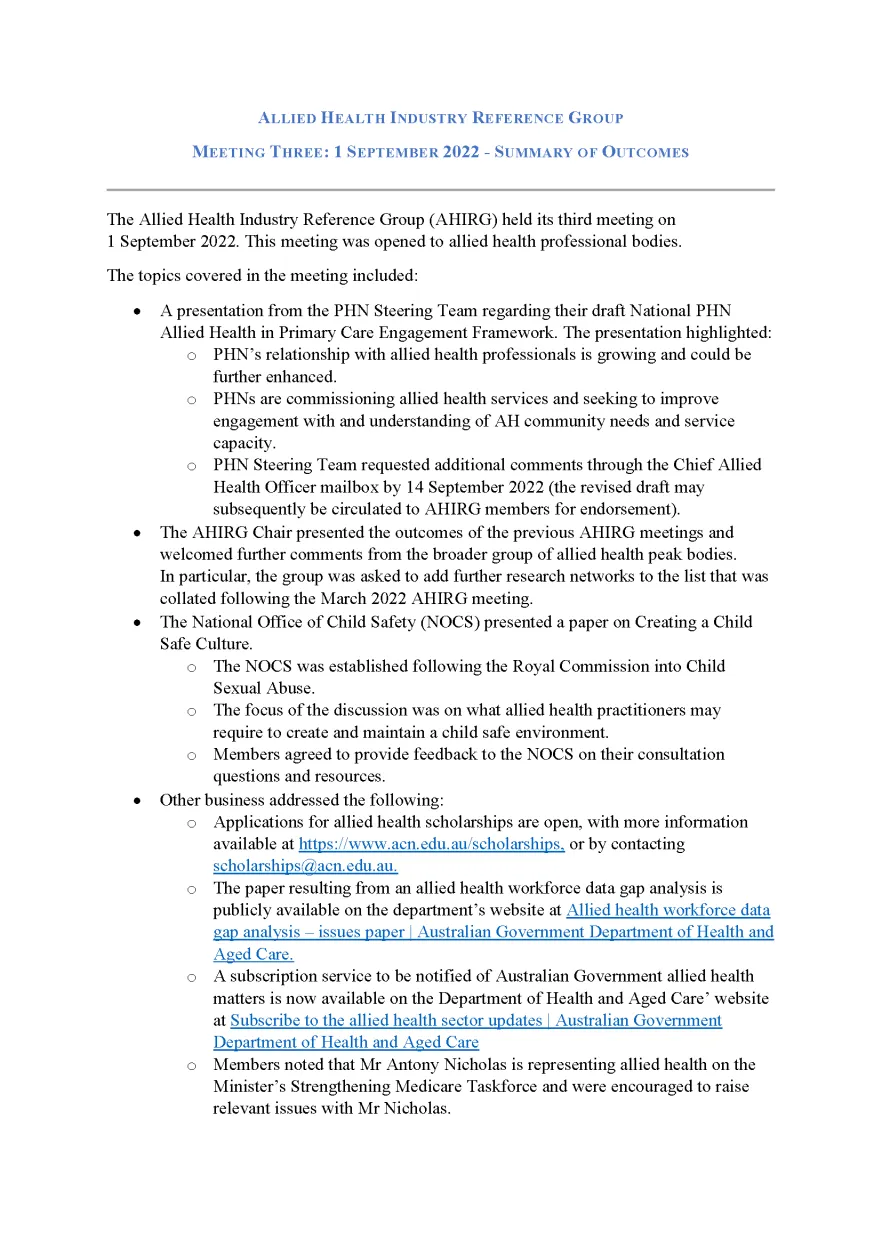 Allied Health Industry Reference Group – Summary of Outcomes – 1 September 2022