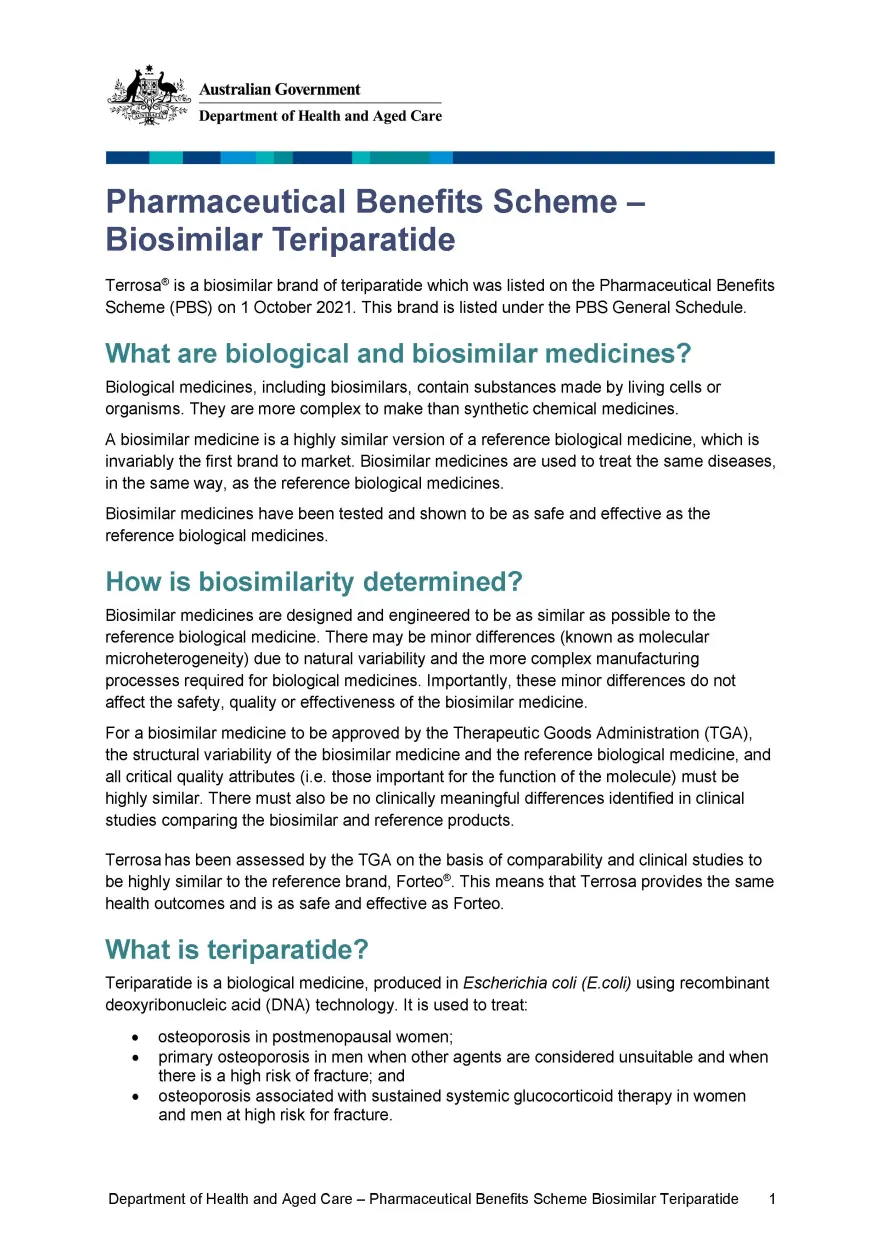Cover image for Biosimilar medicine fact sheet – teriparatide