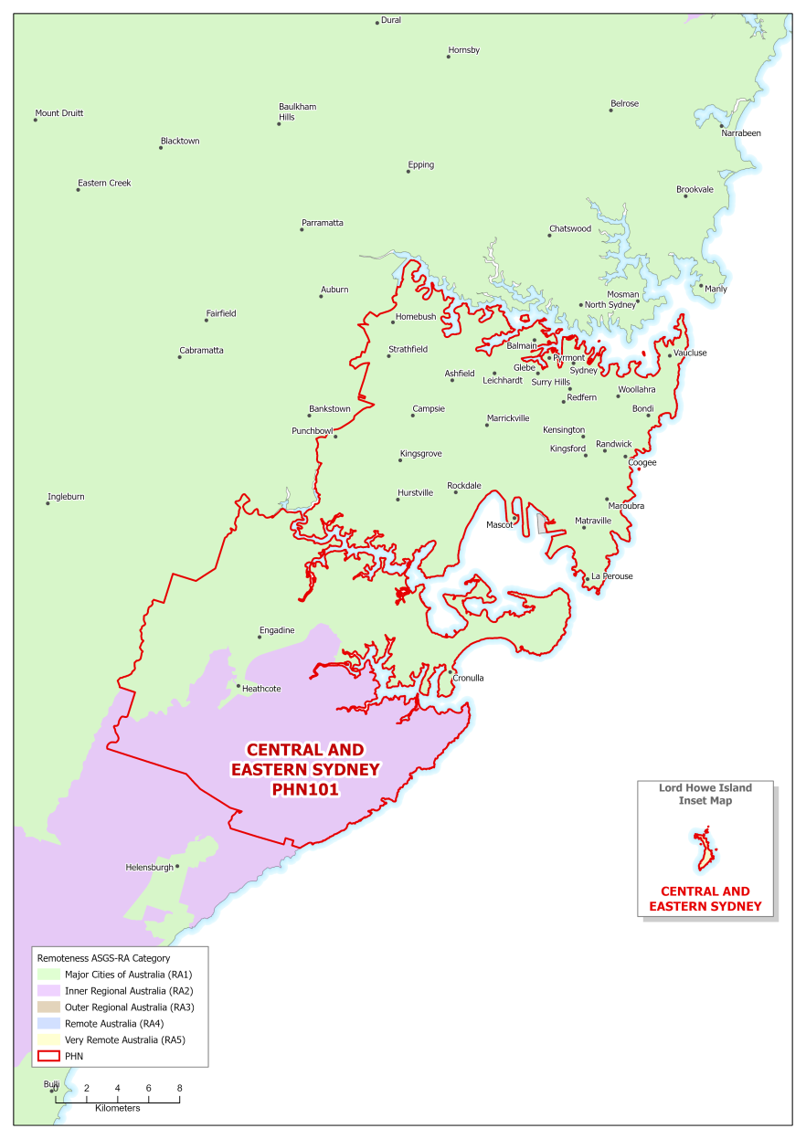 Central and Eastern Sydney PHN ASGS remoteness area map