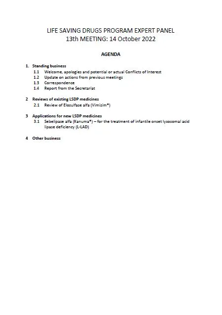 Life Saving Drugs Program (LSDP) Expert Panel meeting agenda – 14 October 2022