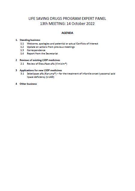 Life Saving Drugs Program (LSDP) Expert Panel meeting agenda – 14 October 2022