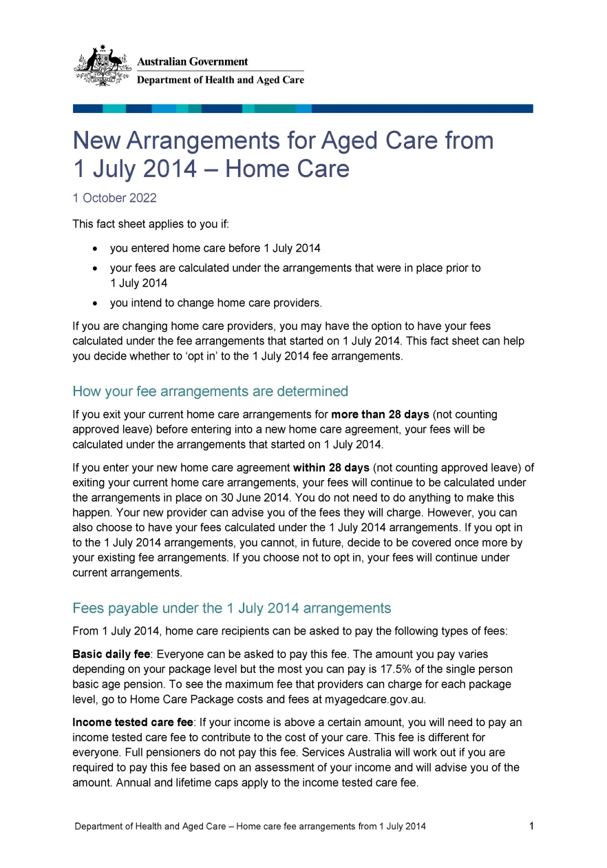 New arrangements for aged care from 1 July 2014 – home care cover