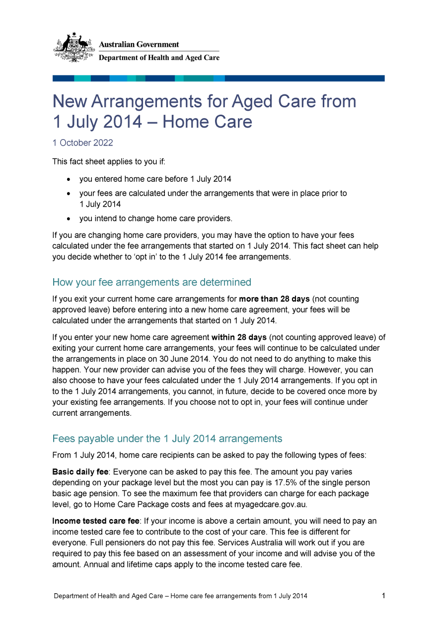 New arrangements for aged care from 1 July 2014 – home care cover