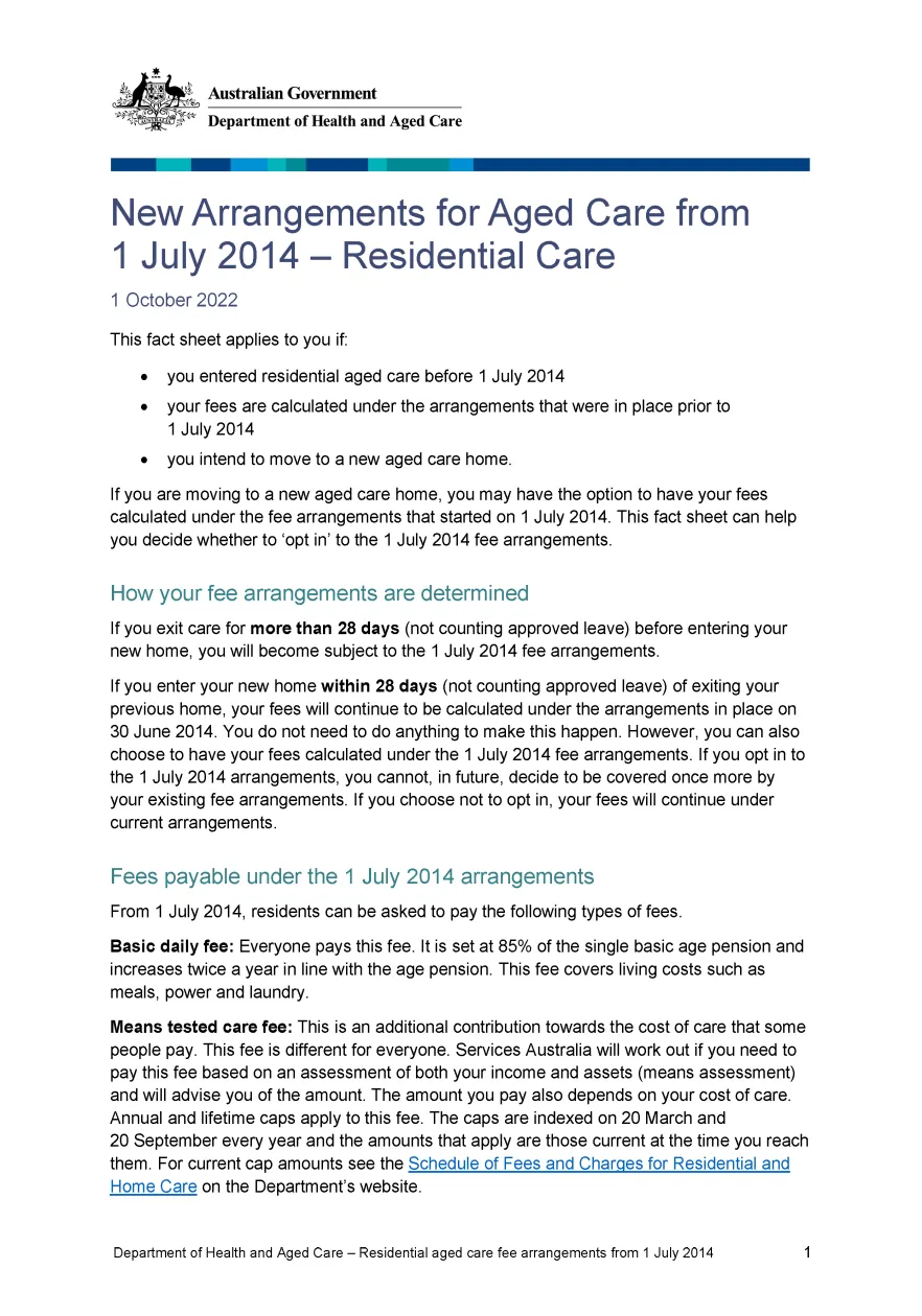 New Arrangements for Aged Care from 1 July 2014 — Residential Care cover image