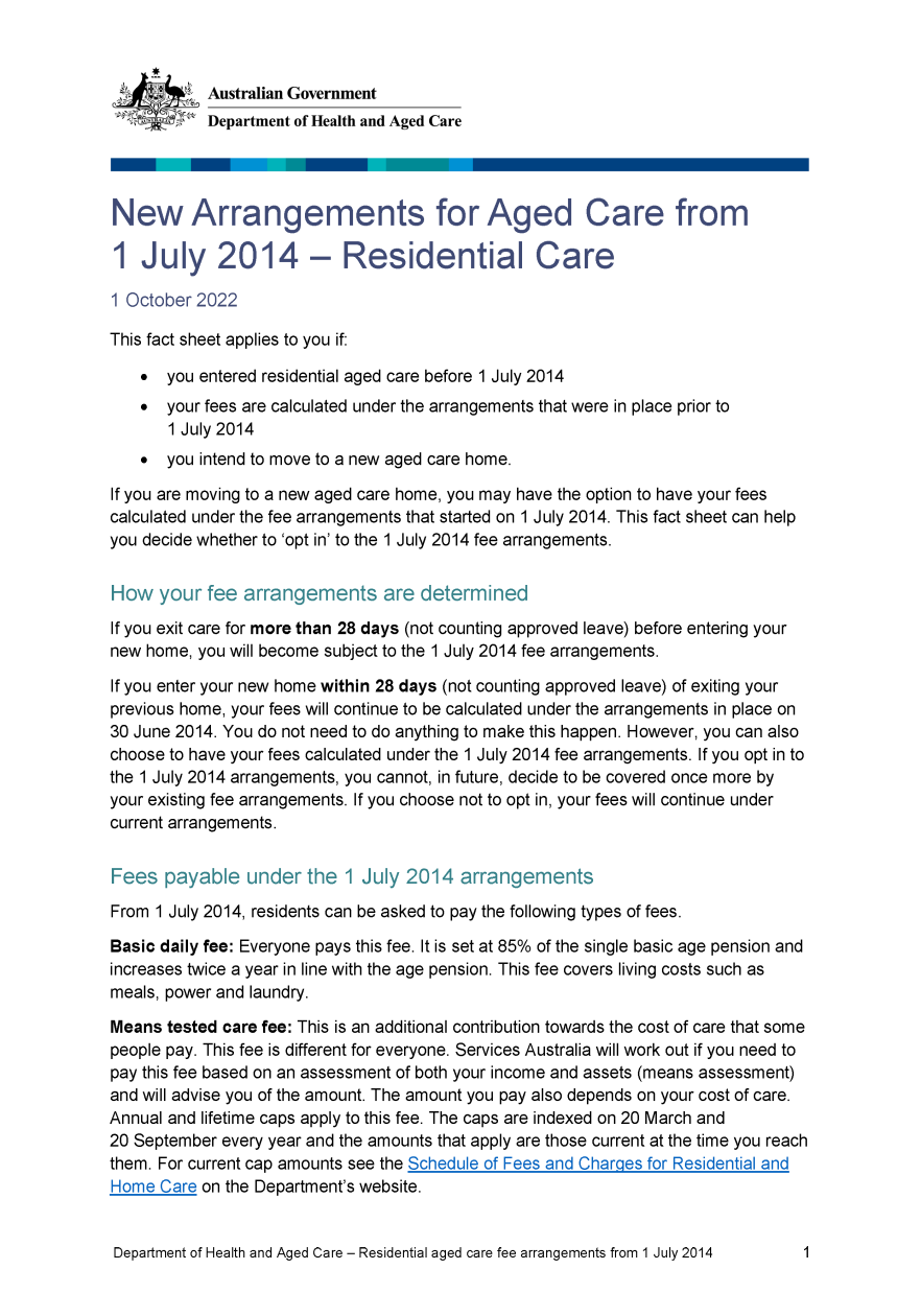 New Arrangements for Aged Care from 1 July 2014 — Residential Care cover image