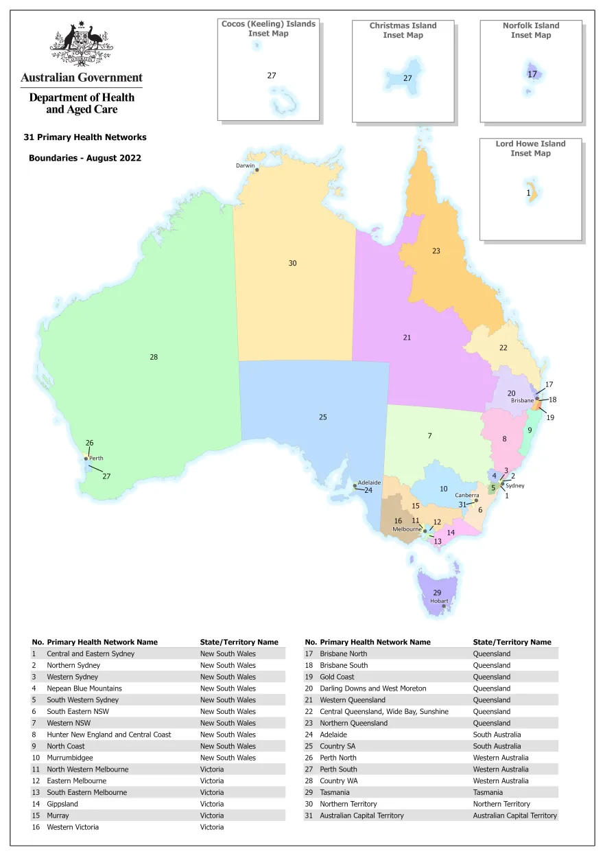 Primary Health Networks (PHNs) national map of PHN boundaries