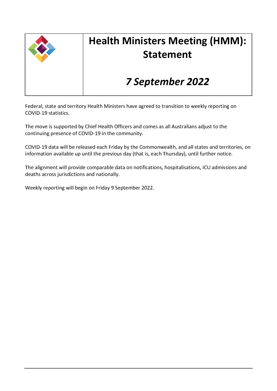 Weekly reporting of COVID information starting from Friday 9 September 2022 (7 September 2022)