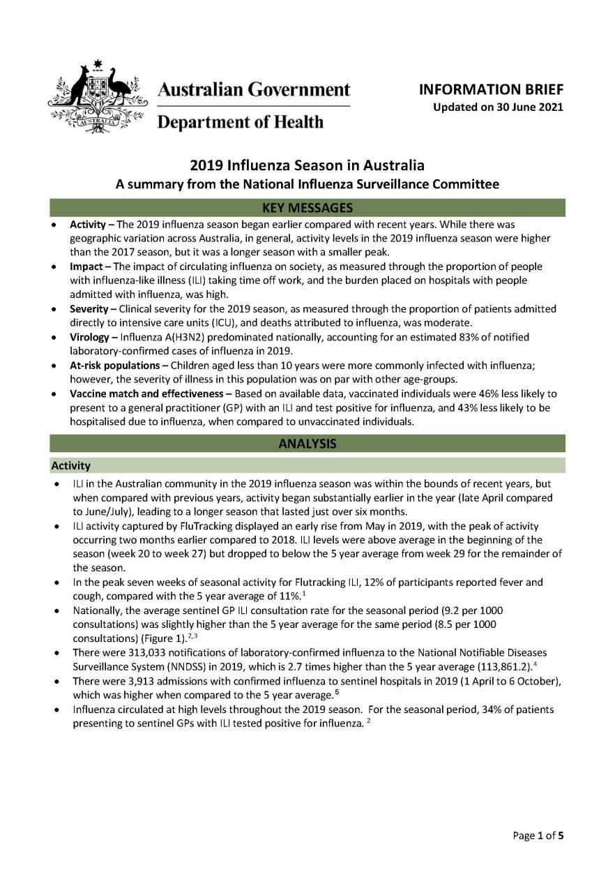 Cover image for Australian Influenza Surveillance Report – 2019 national influenza season summary