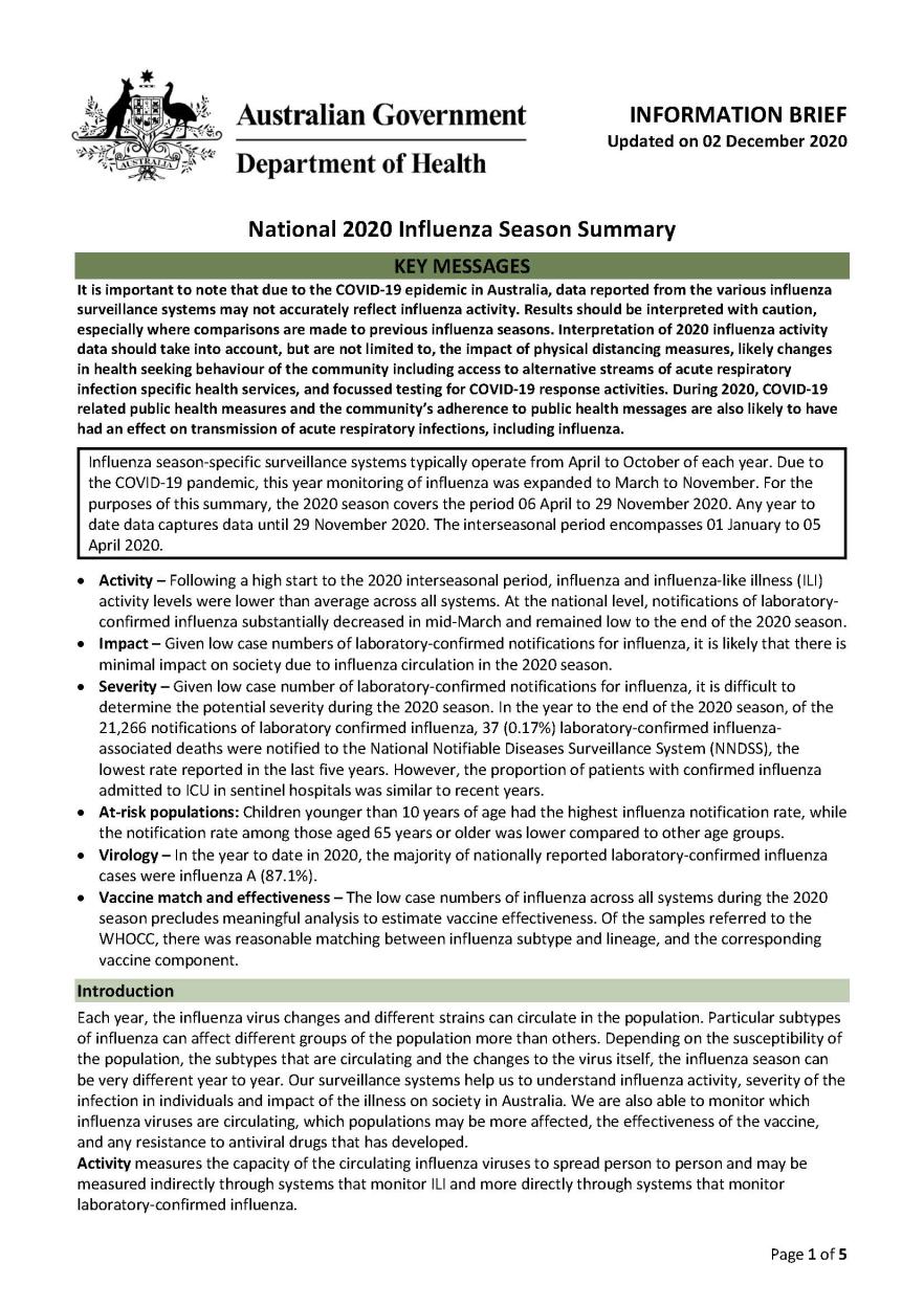 Cover image for Australian Influenza Surveillance Report – 2020 national influenza season summary