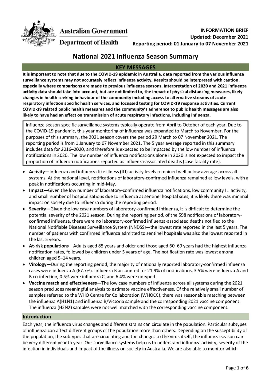 Cover image for Australian Influenza Surveillance Report –2021 national influenza season summary