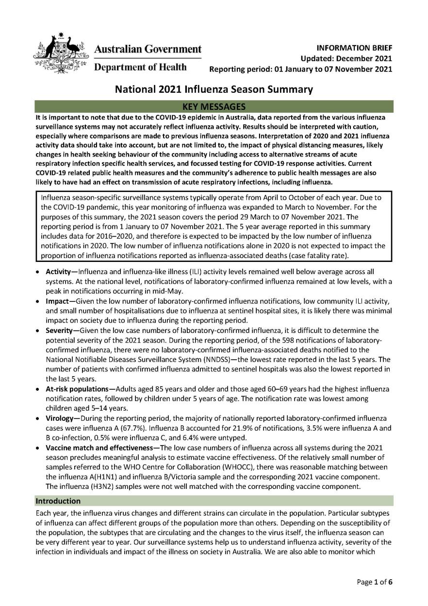 Cover image for Australian Influenza Surveillance Report –2021 national influenza season summary