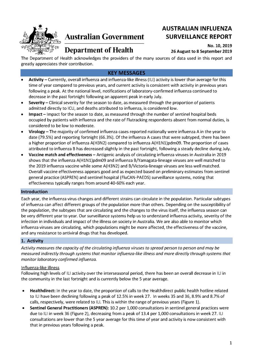 Cover image for Australian Influenza Surveillance Report 10 2019