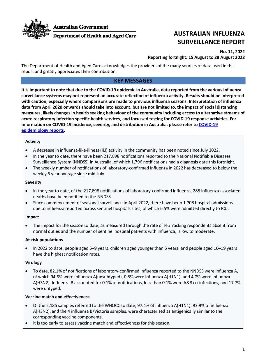 Cover image for Australian Influenza Surveillance Report 11 2022
