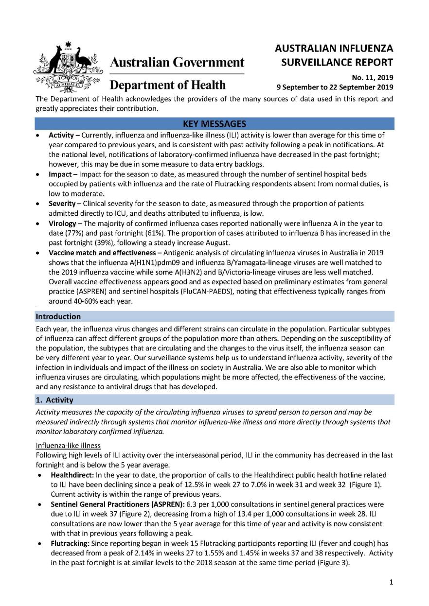 Cover image for Australian Influenza Surveillance Report 11 2019