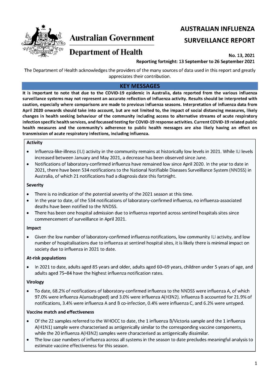 Cover image for Australian Influenza Surveillance Report 13 2021