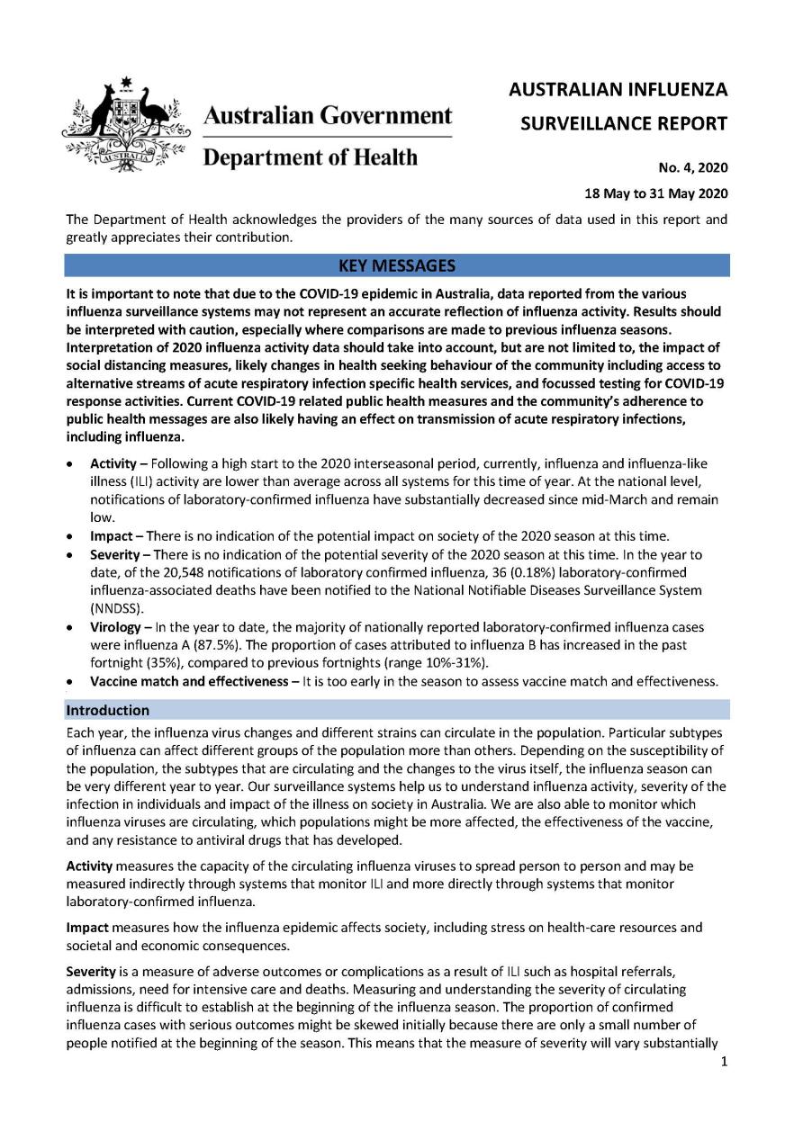 Cover image for Australian Influenza Surveillance Report 4 2020