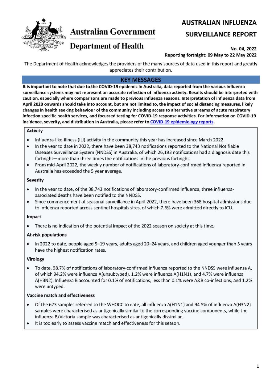 Cover image for Australian Influenza Surveillance Report 4 2022