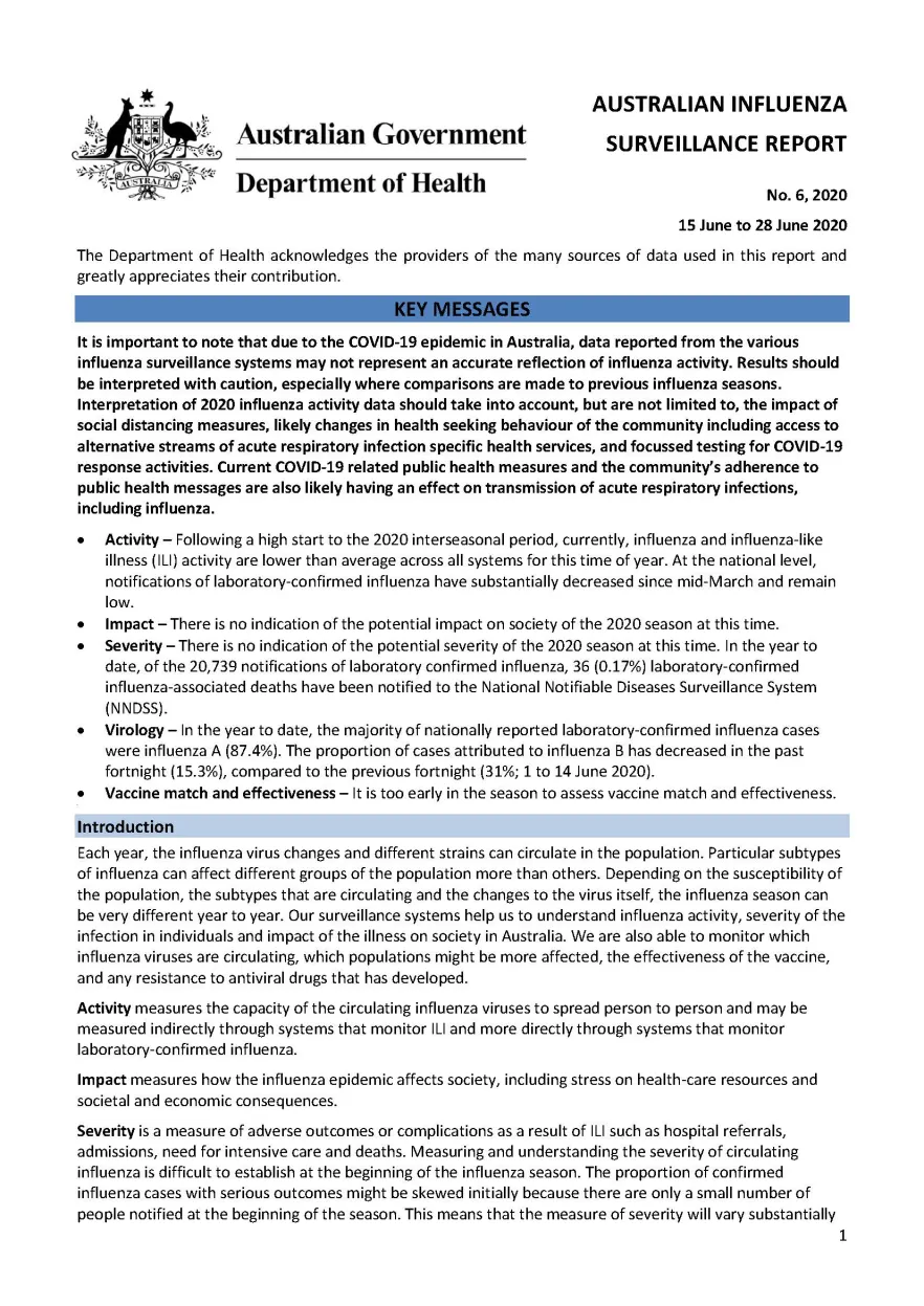 Cover image for Australian Influenza Surveillance Report 6 2020