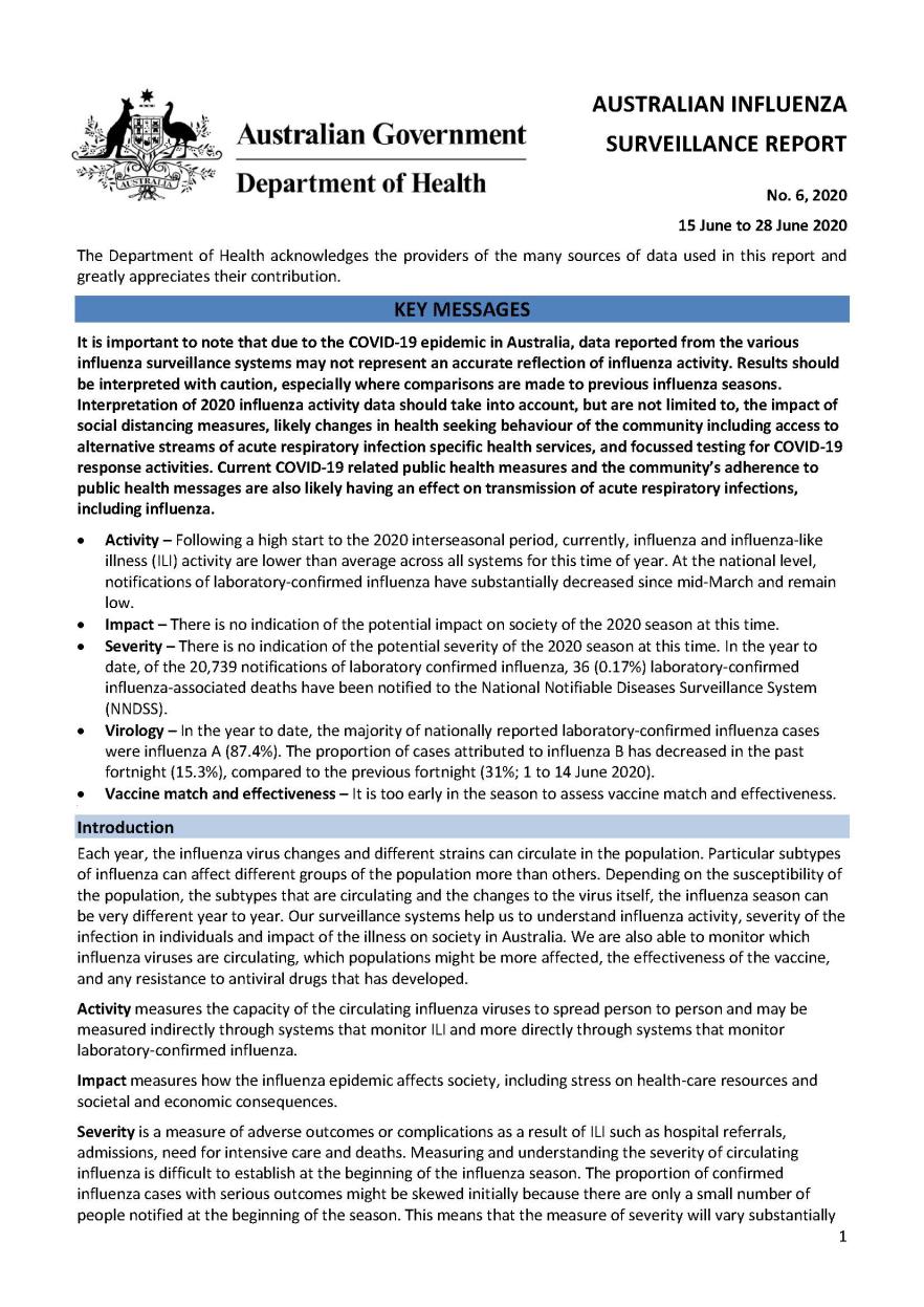Cover image for Australian Influenza Surveillance Report 6 2020