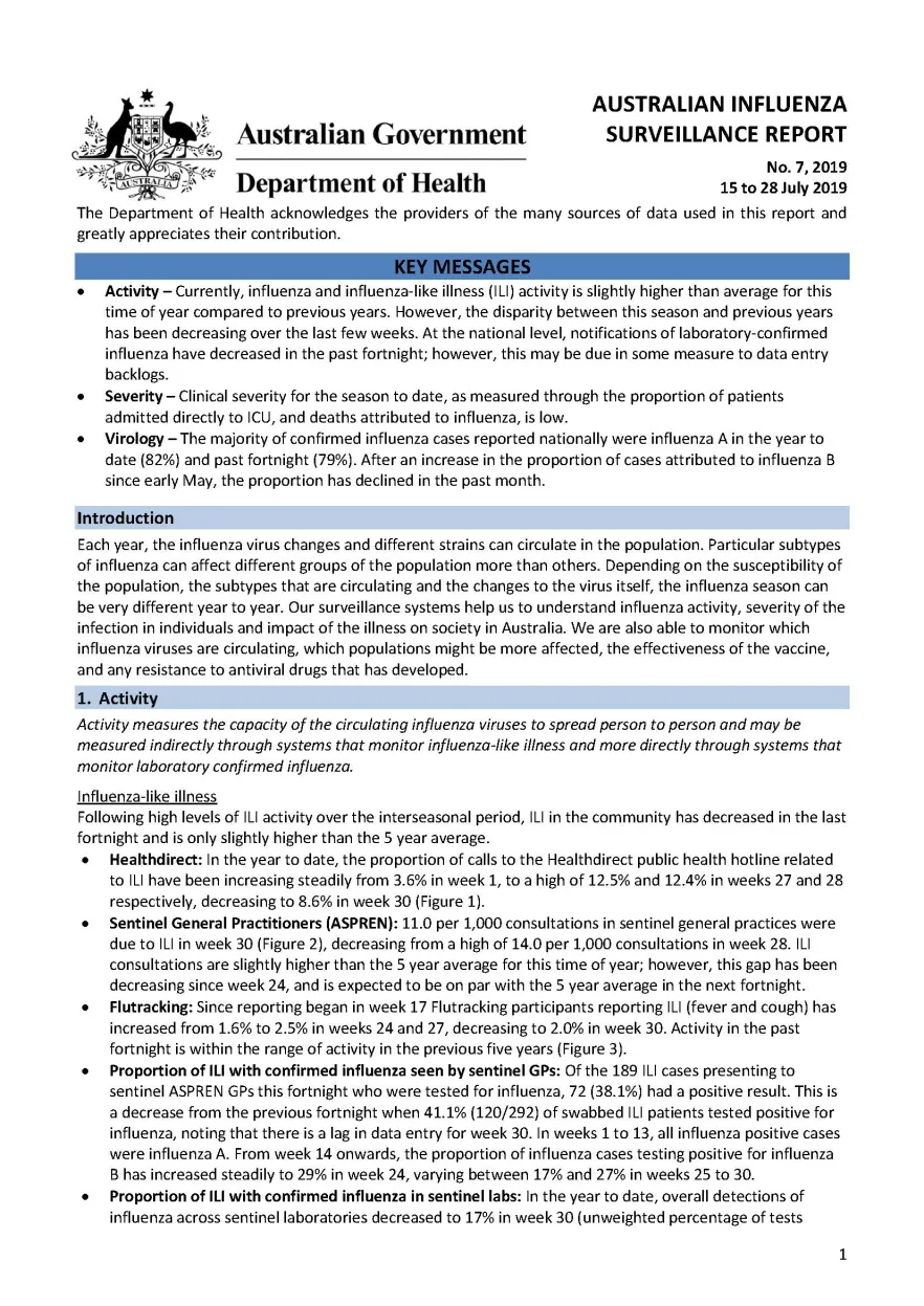 Cover image for Australian Influenza Surveillance Report 7 2019