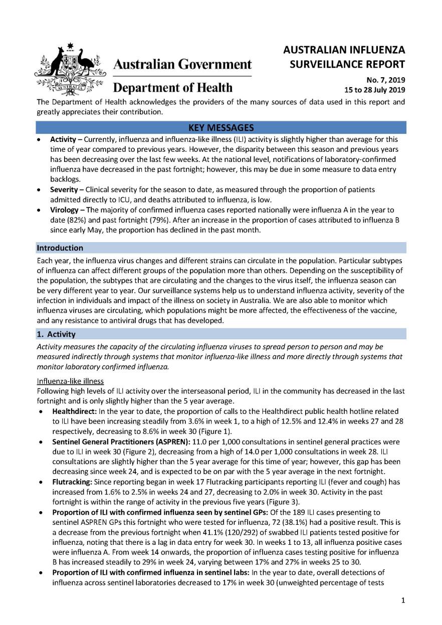 Cover image for Australian Influenza Surveillance Report 7 2019