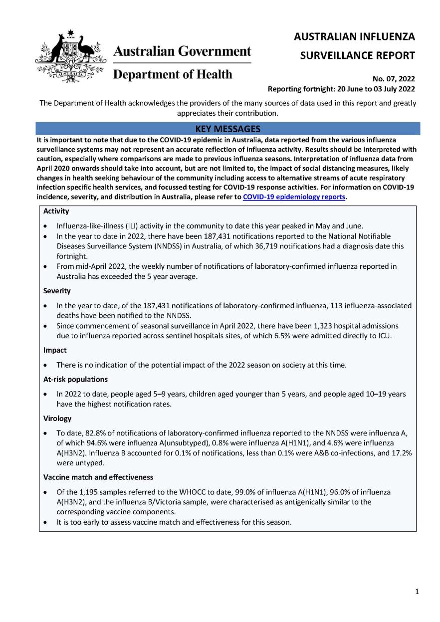 Cover image for Australian Influenza Surveillance Report 7 2022