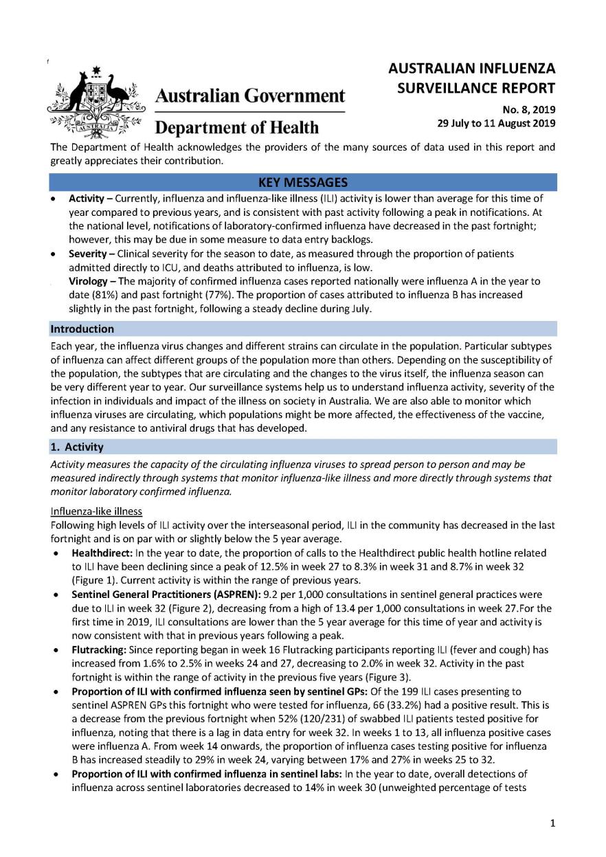Cover image for Australian Influenza Surveillance Report 8 2019