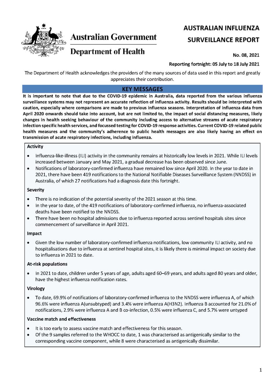 Cover image for Australian Influenza Surveillance Report 8 2021